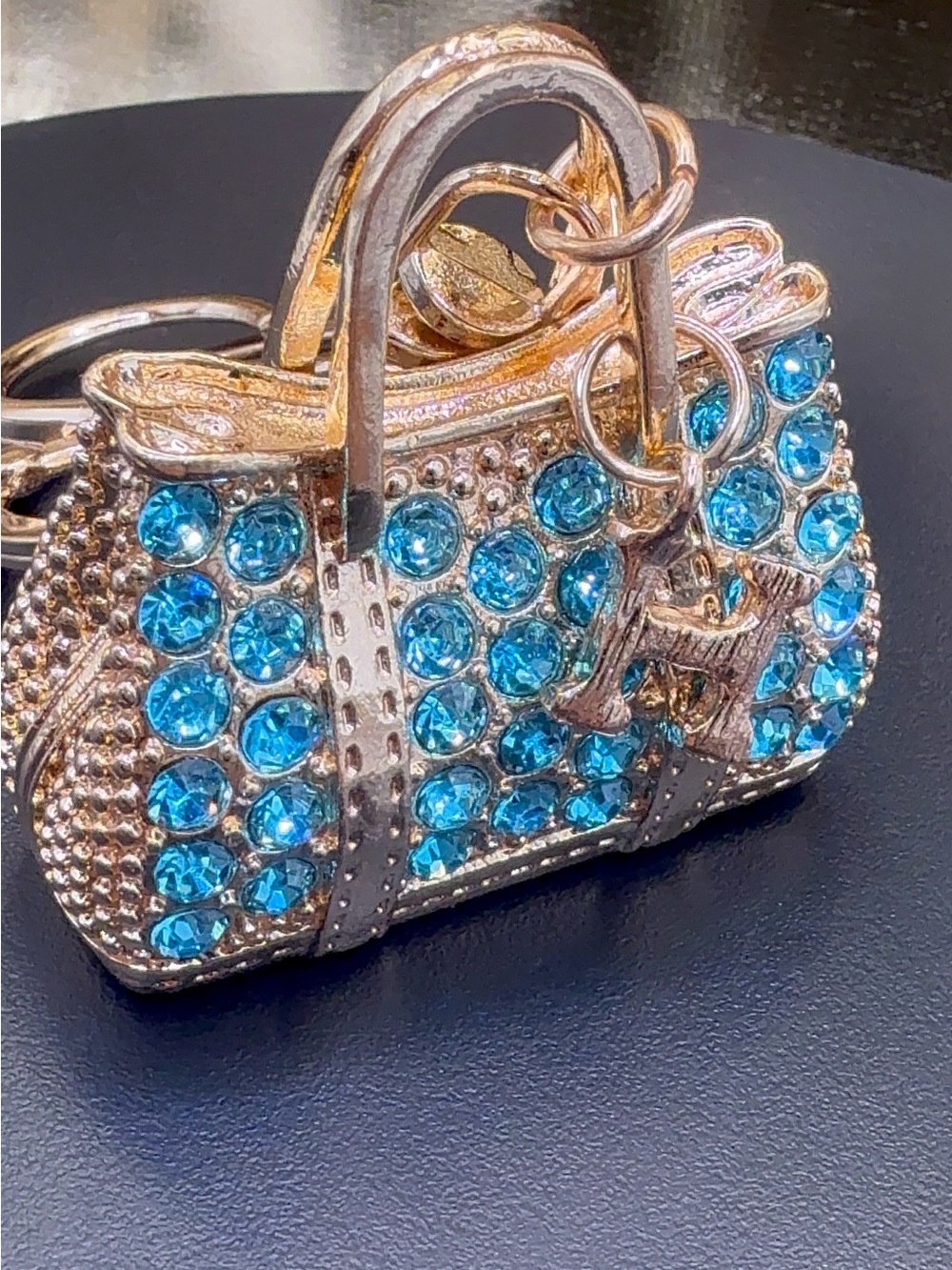 Crystal-Embellished Mini Handbag Keychain in Blue
